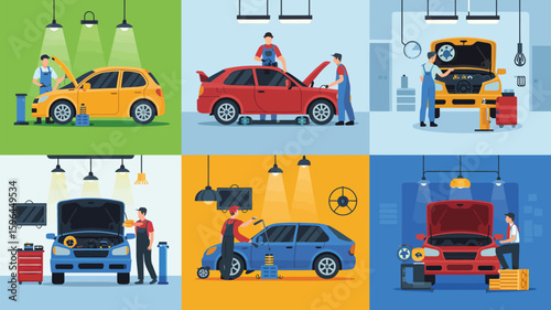 Mechanics working on cars in a garage setting