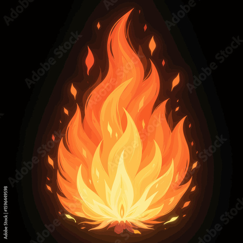 Vibrant Flame Dance in Dark Night with Sparkling Embers