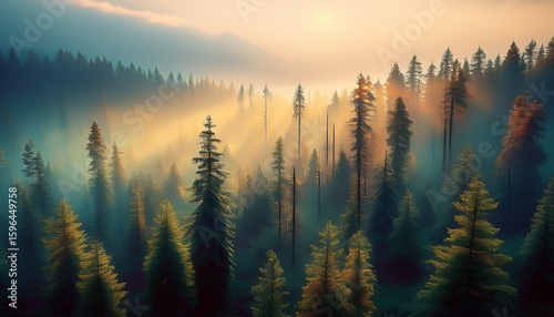 foggy forest dawn conifer grove nature scene ethereal light