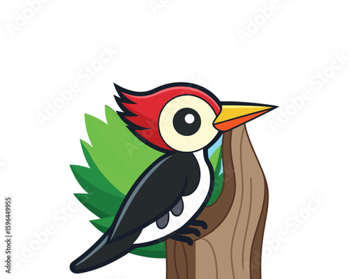 Cartoon woodpecker perched on a tree branch isolated on white background