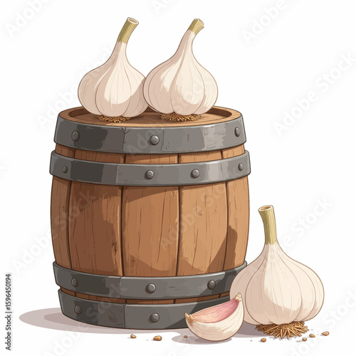 Wooden Barrel with Garlic Bulbs, Rustic Kitchen Scene