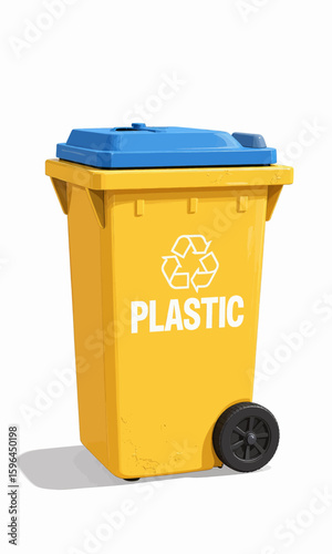 Yellow Plastic Recycling Bin with Blue Lid on White Background