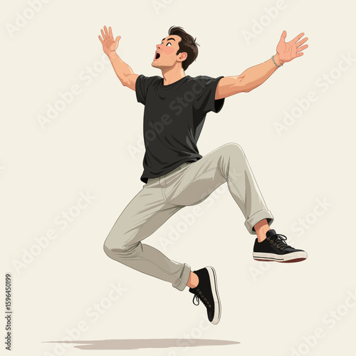 Young Man Jumping in Joy, Casual Outfit, Mid-Air Celebration
