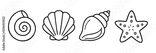 Spiral seashell, scallop shell, conch shell, and a starfish black and white marine icons set. clean, outline, line art style. For coloring books, surf shop, tattoo templates, web icons, prints. Vector