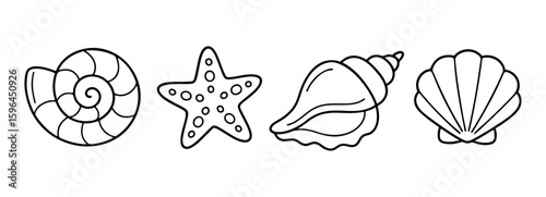 Spiral seashell, scallop shell, conch shell, and a starfish black and white marine icons set. clean, outline, line art style. For coloring books, surf shop, tattoo templates, web icons, prints. Vector