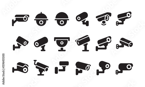 Security Camera Vector Icon Set – Dome, Bullet, and Wall-Mounted Styles in Black Outline