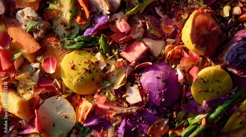 Vibrant and colorful overhead shot of food waste, showcasing an artistic composition bathed in natural light, highlighting rich hues and textures.