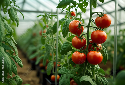 red tomatoes in a greenhouse, vibrant tomatoes flourish on the vine in a modern greenhouse, promising a bountiful harvest.