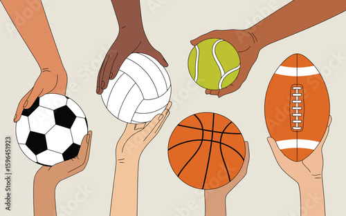 Diverse hands holding various sports balls together