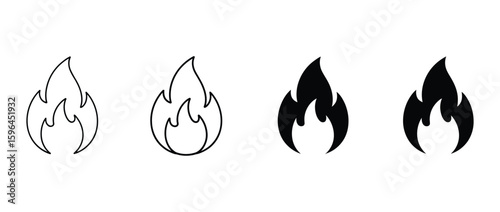 Vector art of four fire and flame icons in different styles are isolated on white background, representing heat and energy