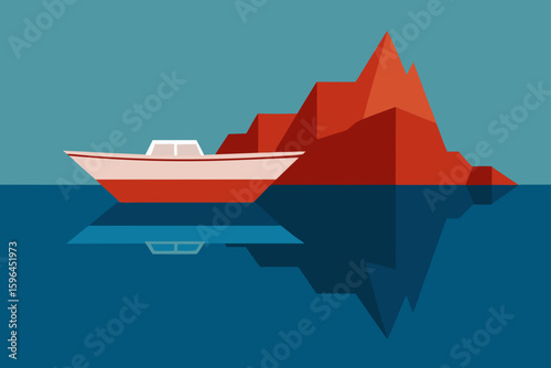 floating boat and cliff reflections in water