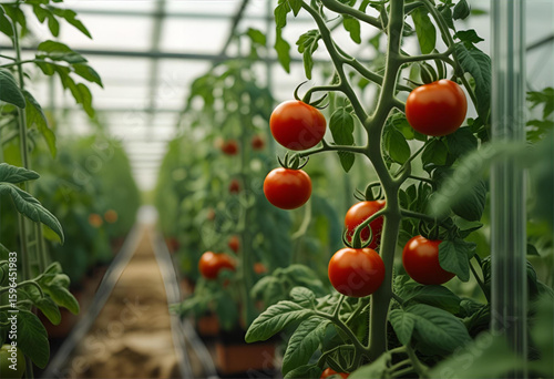 red tomatoes in a greenhouse, vibrant tomatoes flourish on the vine in a modern greenhouse, promising a bountiful harvest.