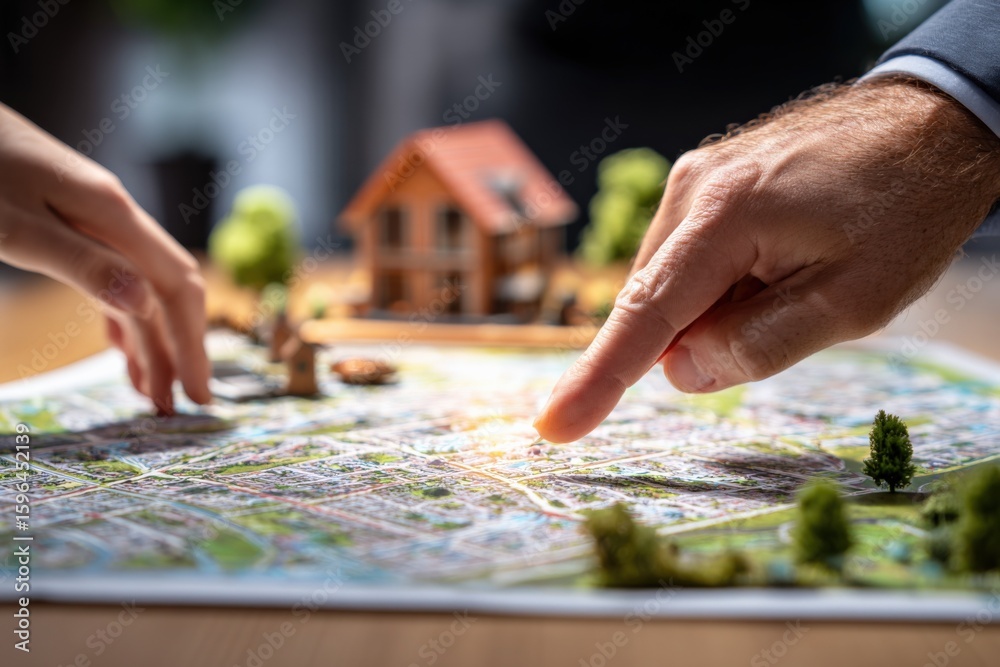 Fototapeta premium Businesspeople Analyzing Urban Development Model with Miniature Houses on City Map Du Planning Meeting