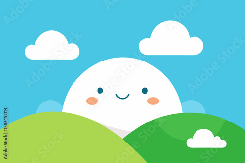 joyful hillside under big white cartoon clouds