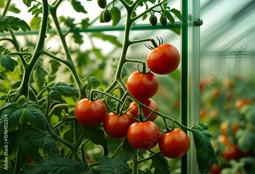 red tomatoes in a greenhouse, vibrant tomatoes flourish on the vine in a modern greenhouse, promising a bountiful harvest.
