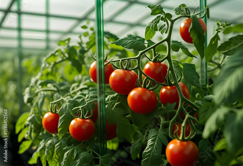 red tomatoes in a greenhouse, vibrant tomatoes flourish on the vine in a modern greenhouse, promising a bountiful harvest.