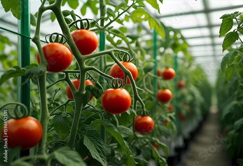 red tomatoes in a greenhouse, vibrant tomatoes flourish on the vine in a modern greenhouse, promising a bountiful harvest.