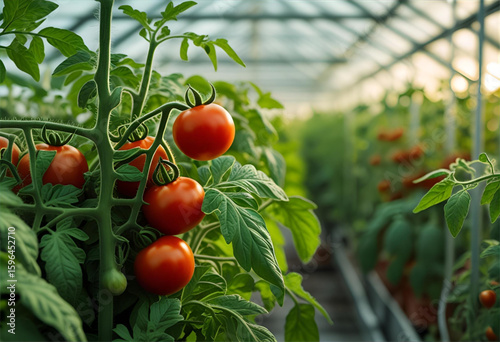 red tomatoes in a greenhouse, vibrant tomatoes flourish on the vine in a modern greenhouse, promising a bountiful harvest.