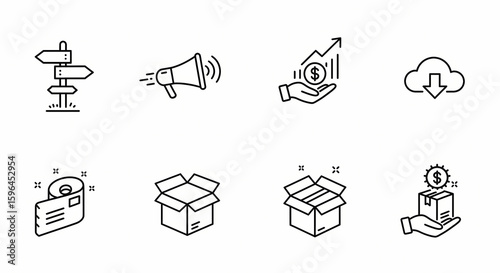 Business Growth and Logistics Solutions: A Comprehensive Icon Set Illustrating Strategic Direction, Marketing Announcements, Financial Investment, Cloud Delivery, and E-commerce Packaging