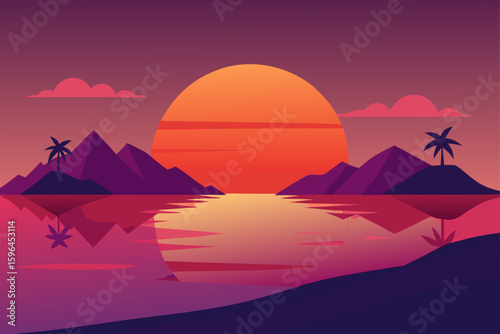 sunset glow over tranquil island lagoon