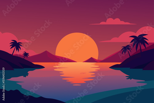 sunset glow over tranquil island lagoon