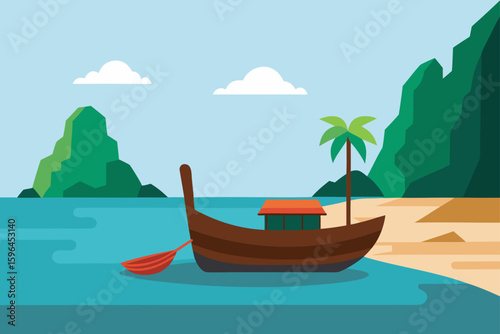thai boat nestled beside rocky cove