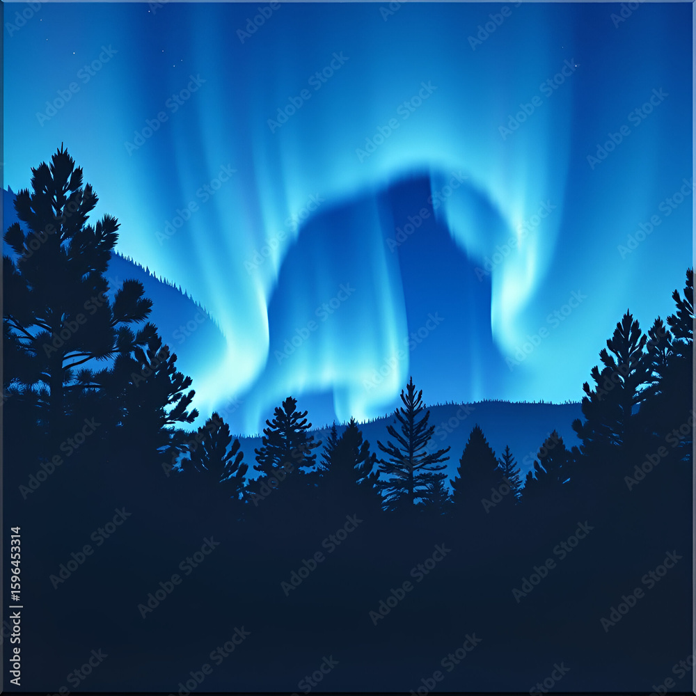 Naklejka premium Aurora Over Pine Forest with Canvas Artwork, Shadow Play and Navy Blue (Valentine'S Cozy)