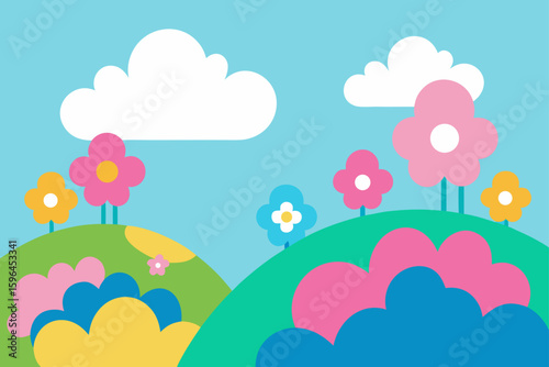 whimsical hills with bright flowers and clouds