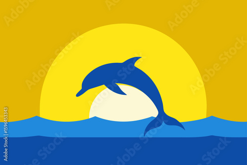 yellow sun rising as dolphin leaps high