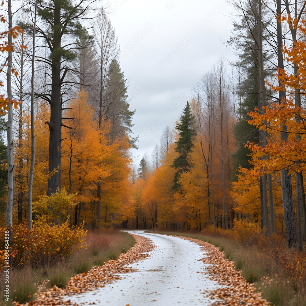 Fototapeta premium Autumn Forest Path with Minimal Shelf, Cloudy Ambient and Linen White (Festive Serene)