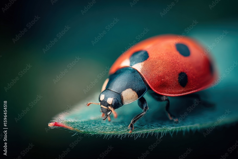 Fototapeta premium Close-up of a vibrant red ladybug with black spots crawling on green leaf surface in natural daylight with detailed textures