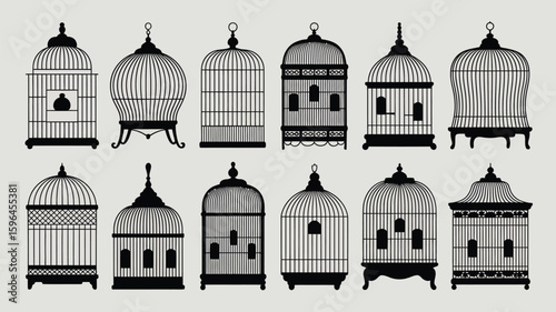 Collection of ornate black bird cages on a light background
