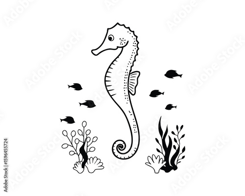 Hand drawn seahorse and ocean life isolated on white background