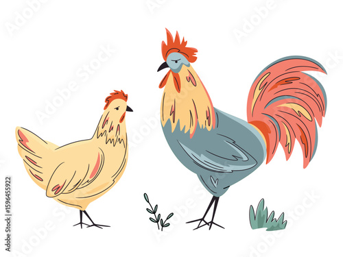 Colorful hen and rooster isolated on white. Hand drawn poultry. Vector chicken and cock illustration. Bright, organic design for local farm, urban homesteading, fresh food, and countryside life