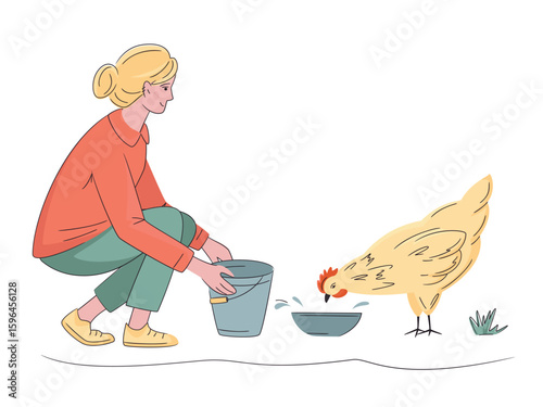 Colorful illustration of a woman watering hen isolated on white. Hand drawn vector. Bright, organic design for local farm, urban homesteading, fresh food, and countryside life.