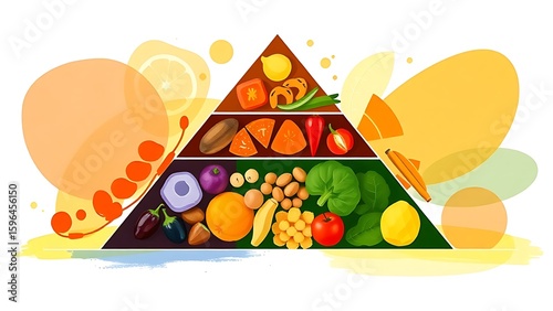 Four abstract colorful food pyramids merging into one harmonious structure, representing dietary synergy.