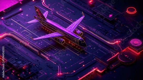 Futuristic Airplane on Circuit Board Airport