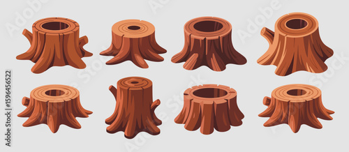 Collection of realistic wooden tree stumps isolated on white background