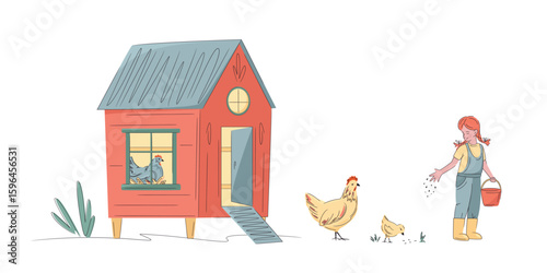 Colorful chicken coop with a girl feeding hen isolated on white. Hand drawn vector illustration. Bright, organic design for local farm, urban homesteading, fresh food, and countryside life
