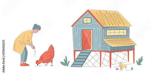 Colorful chicken coop with senior woman feeding hen isolated on white. Hand drawn vector illustration. Bright, organic design for local farm, urban homesteading, fresh food, and countryside life
