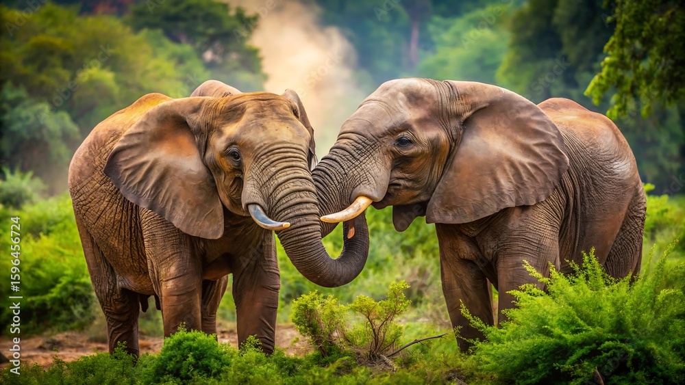 Fototapeta premium Two elephants affectionately touch trunks in a lush forest