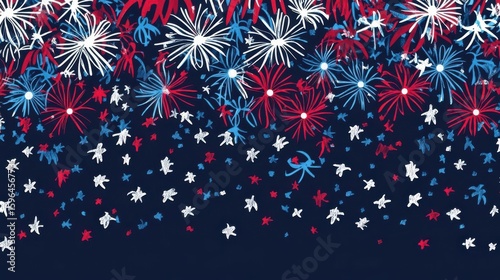Happy 4th of July banner design showing dark blue background with colorful fireworks