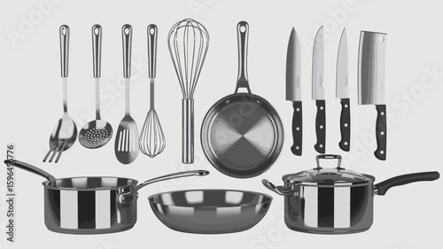 Collection of stainless steel kitchen utensils and cookware