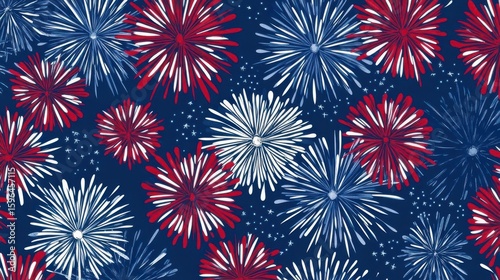Happy 4th of July banner design showing dark blue background with colorful fireworks