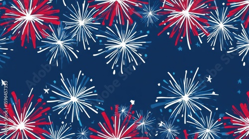 Happy 4th of July banner design showing dark blue background with colorful fireworks