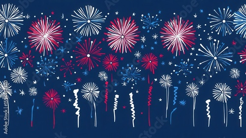 Happy 4th of July banner design showing dark blue background with colorful fireworks
