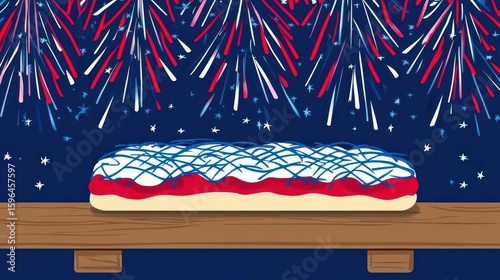 Happy 4th of July banner design showing dark blue background with colorful fireworks
