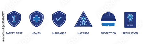 Work Safety icon set with safety first, health, insurance, hazards, protection and regulation concept illustration
