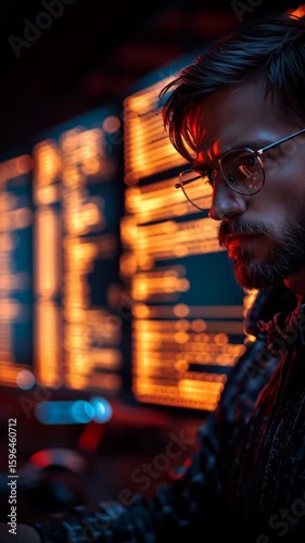 Young man with glasses and a beard, focused on a digital screen, illuminated by vibrant orange and blue lights, showcasing a modern tech environment and deep concentration