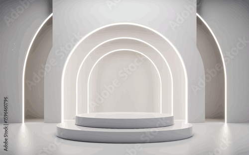Modern minimalist stage with glowing arches and layered podium
